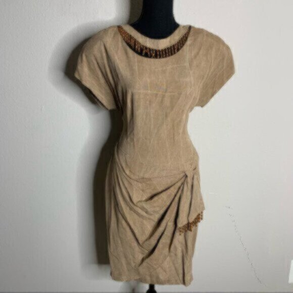 Scarlett Rare 70s Vintage Tigh Length Faux Wrap Beaded Ruching Dress - Picture 3 of 14